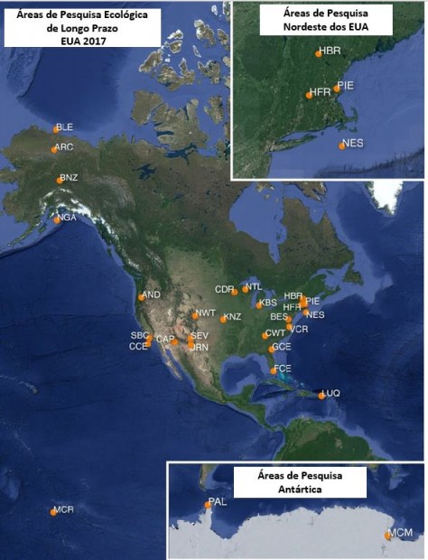 Locais da rede de Pesquisa Ecológica de Longo Prazo dos EUA, identificados por suas siglas. LTER