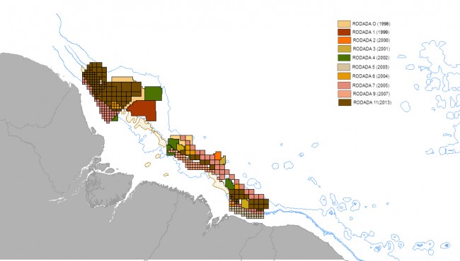 Localização dos blocos ofertados para exploração de gás e petróleo na região da foz do Amazonas. Crédito: Laís Araújo/UFRJ; com dados da Agência Nacional do Petróleo