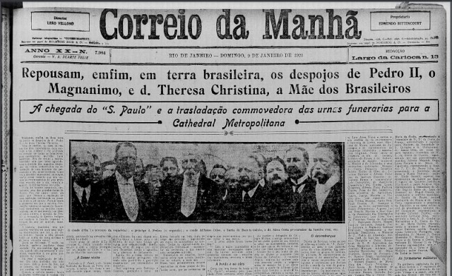 Jornal noticiando a chegada dos despojos de Dom Pedro II e sua esposa, ao Brasil