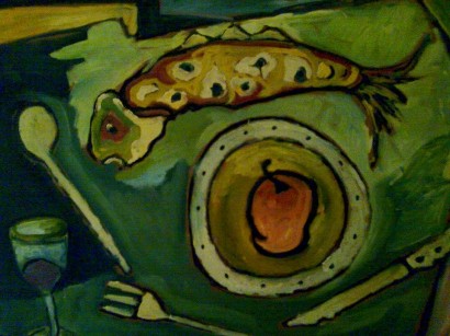 Peinture : MANGUE et POISSON © by ETHEL MUNIZ Huile sur gaze de soir Coll. privée — à Cannes.