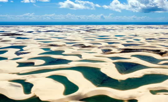 Barreirinhas, Maranhao, Brasil 19/Jun/2006 Parque Nacional dos Lencois Maranhenses. Formacao de dunas com lagoas caracteristica dos lencois. Vista aerea./ Lencois Maranhenses National Park ( Sheets National Park) . The landscape consists of dunes up to 40 metres high, interspersed with lagoons of clear fresh water which form during the rainy season at the beginning of the year. The place: 155 thousand hectares, which go from the coast of Maranhao as far as 50 kilometres inland, which form expanding sandbanks. Aerial view. foto©Marcos Issa/Argosfoto