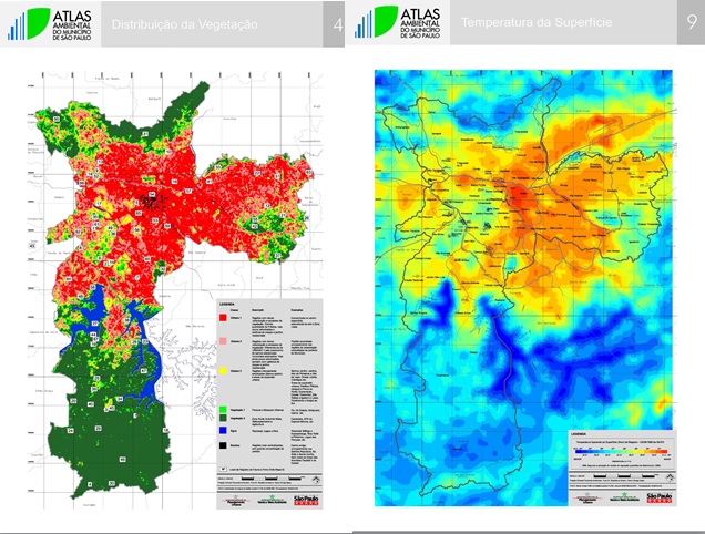 Mapa da vegetação (à esquerda) x mapa da temperatura do município de São Paulo. Quanto maior a presença do verde na cidade, mais baixa é a temperatura (áreas em verde a azul no mapa à direita). Fonte: Atlas Ambiental