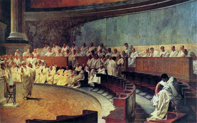 Segregado por seus pares, no Senado, Catilina ouve o duro discurso acusatório de Marcus Tullius Cícero - então Cônsul de Roma com poderes excepcionais conferidos pelos Senadores romanos (pintura de Cesare Maccari, 1888).