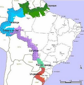 Todas as fronteiras terrestres do Brasil (parte colorida da imagem) serão abrangidas pelo SISFRON. Imagem: Reprodução/Internet