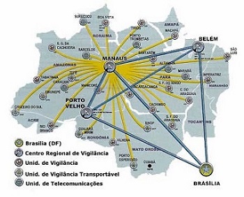 No mapa, área abrangida pelo SIPAM. Unidades de Manaus (AM), Belém (PA), Porto Velho (RO) e Brasília (DF) são as principais bases do sistema. (Imagem: Reprodução/Internet)