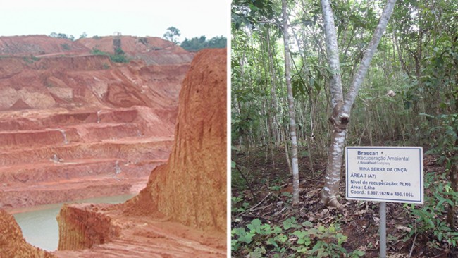 Antes de depois da recuperação da área da Mina Serra da Onça, na região amazônica, degradada pela mineração 